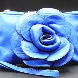 Blue Flower Clutch Purse | Faux Leather | Strap